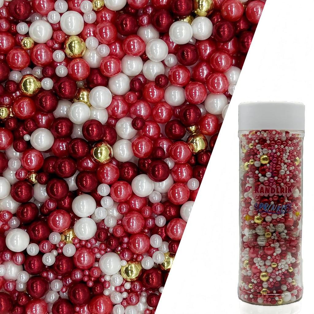 Edible Red Series & Gold & White Sugar Pearls Sprinkles Candy Mix Size Pearls Cake Decorations Cupcake Toppers Decorating Perfect for Wedding Party Valentine Supplies 4.58OZ