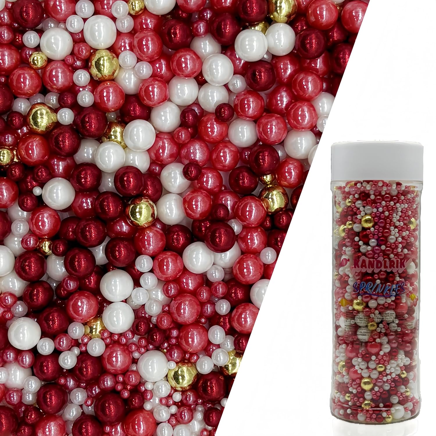 Edible Red Series & Gold & White Sugar Pearls Sprinkles Candy Mix Size Pearls Cake Decorations Cupcake Toppers Decorating Perfect for Wedding Party Valentine Supplies 4.58OZ
