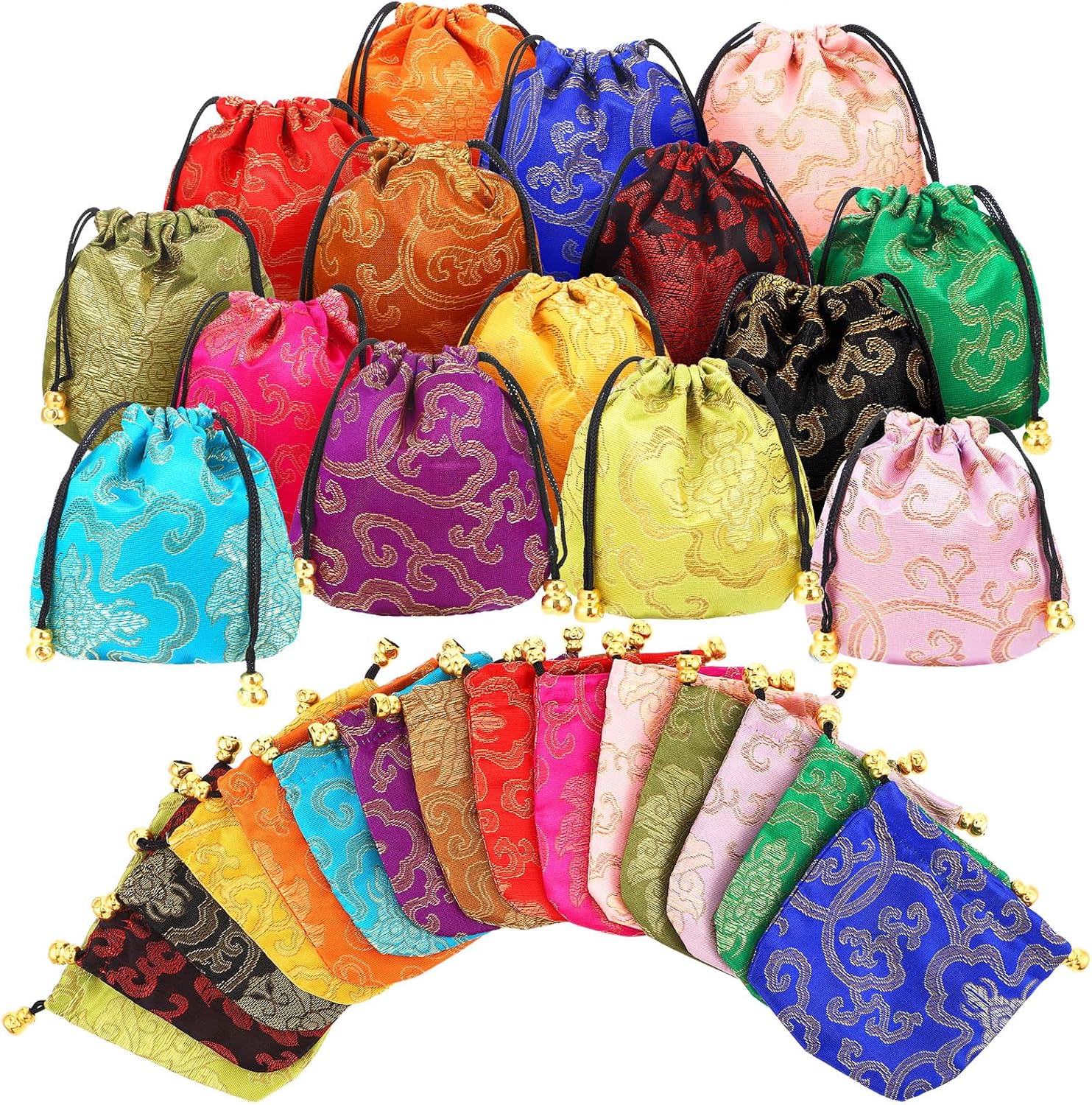 Huquary 60 Pcs Silk Jewelry Pouch Drawstring Gift Bags Bulk 4 x 4 Inches Potli Bags for Return Gifts Indian Diwali Gift Bag Mini Satin Brocade Embroidered Coin Purse for Women Selling Pooja