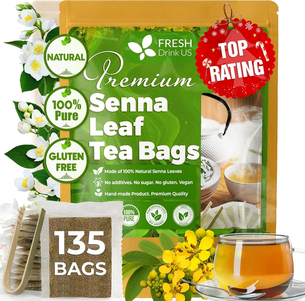 FreshDrinkUS, Premium 135 Senna Leaf Tea Bags for Constipation, Supports Your Cardiovascular System, 100% Natural & Pure. Loose Leaf Senna Herbal Tea, Made with Natural Material Tea Bags. Non GMO, No Sugar/ Caffeine/ Gluten, Vegan.