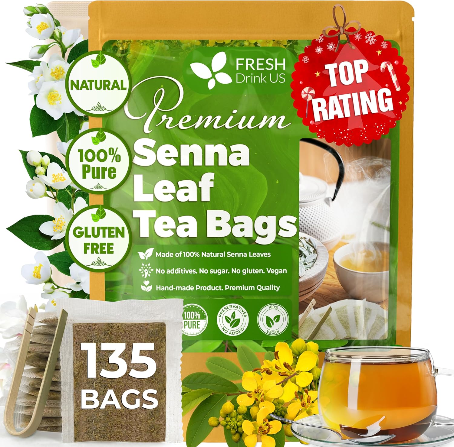 FreshDrinkUS, Premium 135 Senna Leaf Tea Bags for Constipation, Supports Your Cardiovascular System, 100% Natural & Pure. Loose Leaf Senna Herbal Tea, Made with Natural Material Tea Bags. Non GMO, No Sugar/ Caffeine/ Gluten, Vegan.