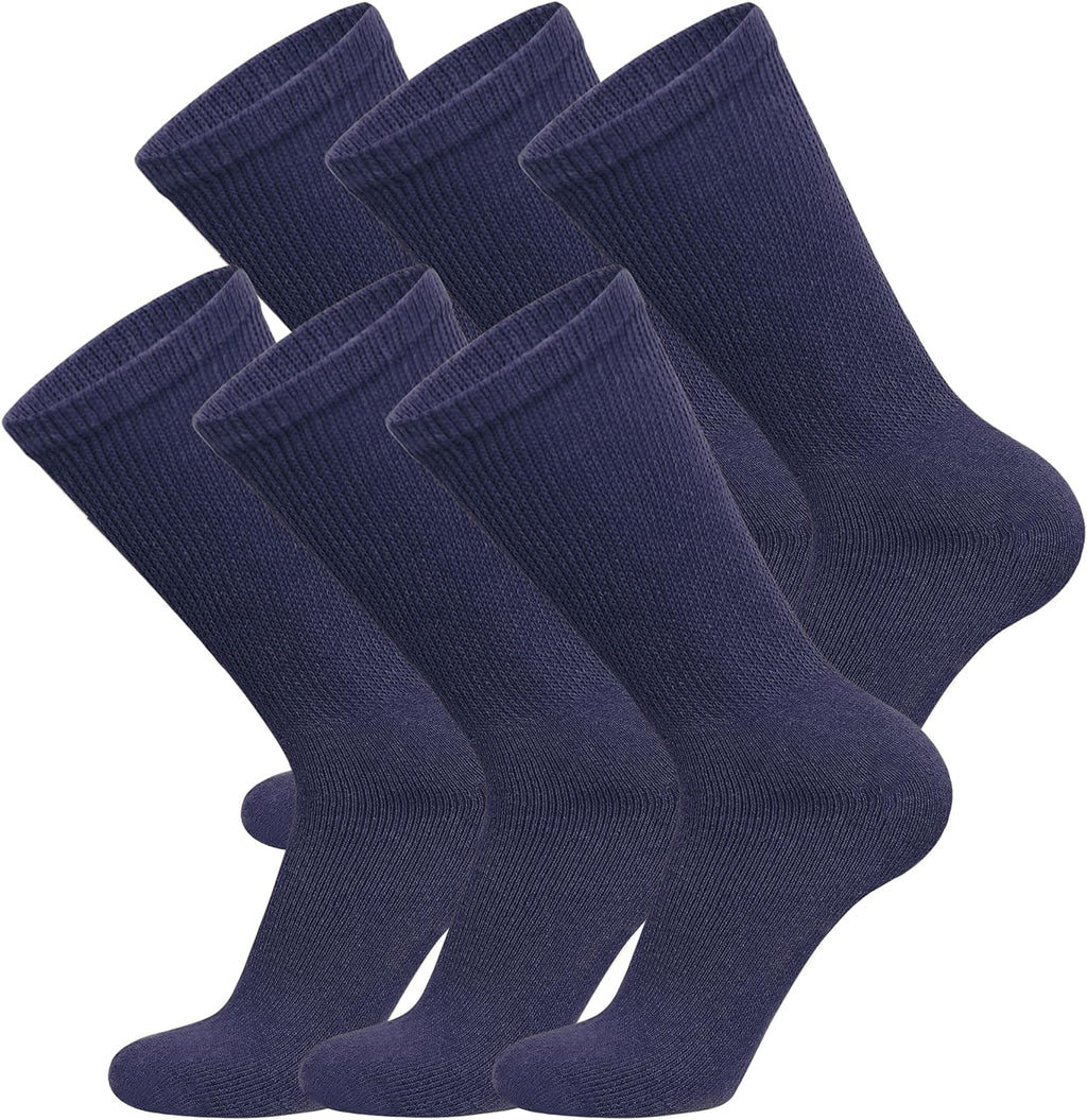 6 Pairs of Cotton Diabetic Non-Binding Neuropathy Crew Socks (Navy, Fits Mens shoe size 9-12/Womens shoe size 10-13)