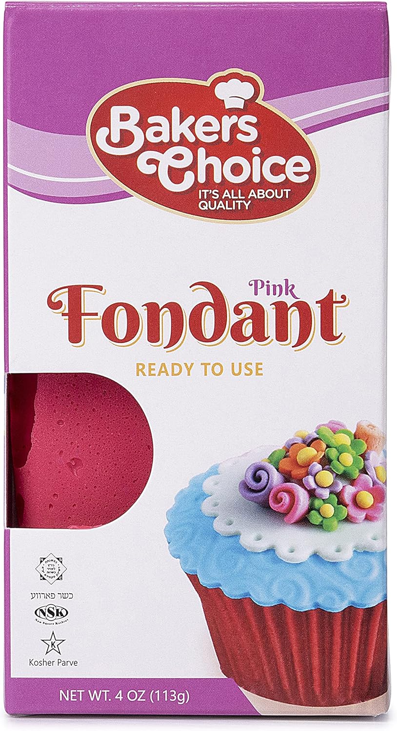 Bakers Choice Pink Fondant Icing - 4 oz, Ready to Use Cake Decorating Frosting Easy Roll, Moldable, Kosher, Dairy Free, and Nut Free For Cakes Cupcakes Cookies By Bakers
