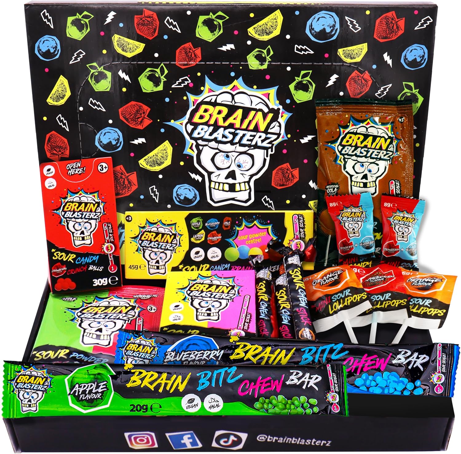 Brain Blasterz Sour Candy Snack Box – 15 Piece Sour Candy Variety Pack, Individual Wrapped Lollipops, Hard Candy, Chewy Candies & Sour Powder – Fun Gift for Easter, Halloween, Christmas & Birthdays