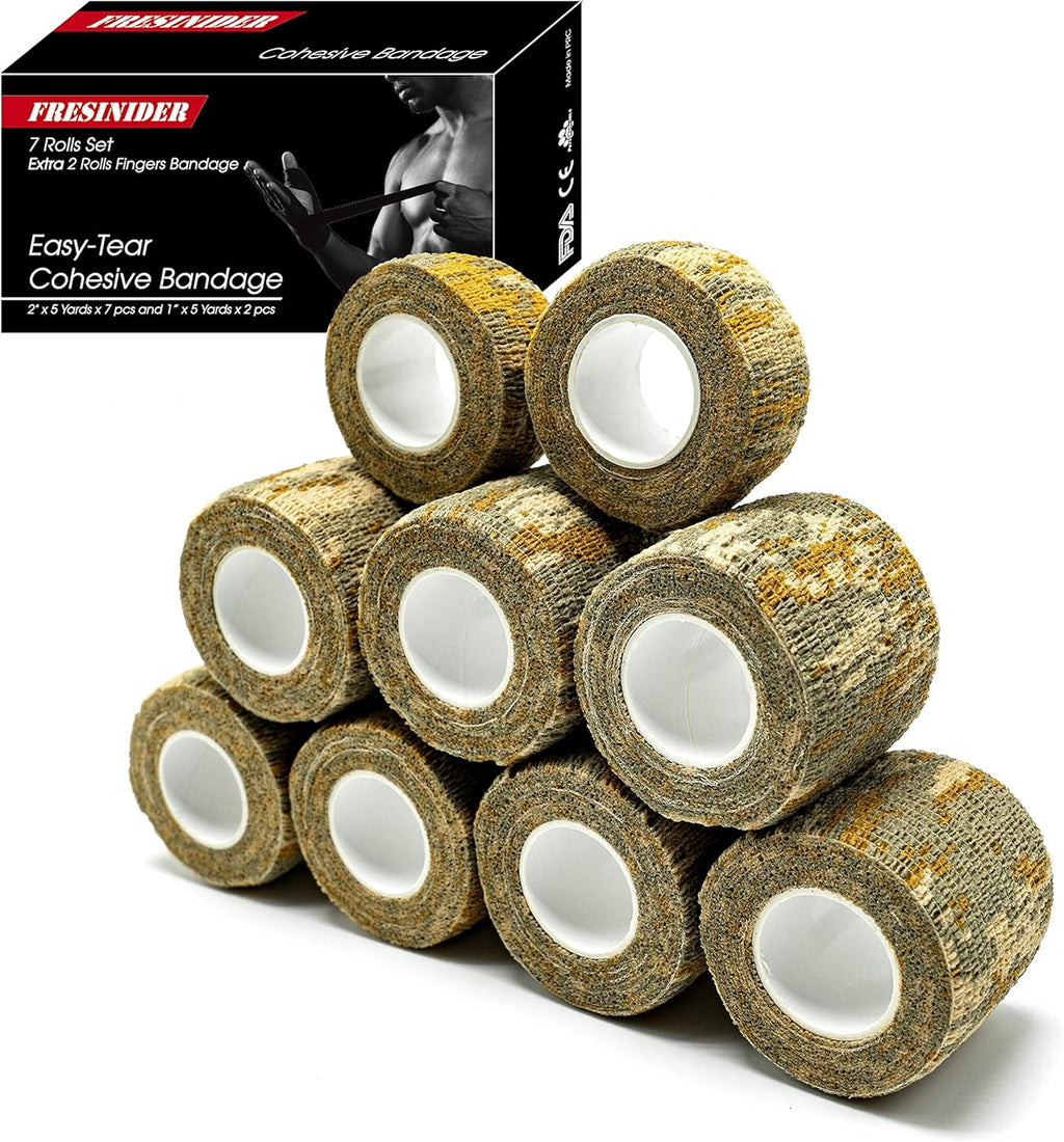 FRESINIDER 9 Rolls Self Adhesive Wrap Athletic Tape Gauze, Breathable Elastic Cohesive Bandage for Sports Injury & Pet (7 Pcs 2" x 5 Yards + 2 Pcs 1" X 5 Yards) (Digital Desert Camo)