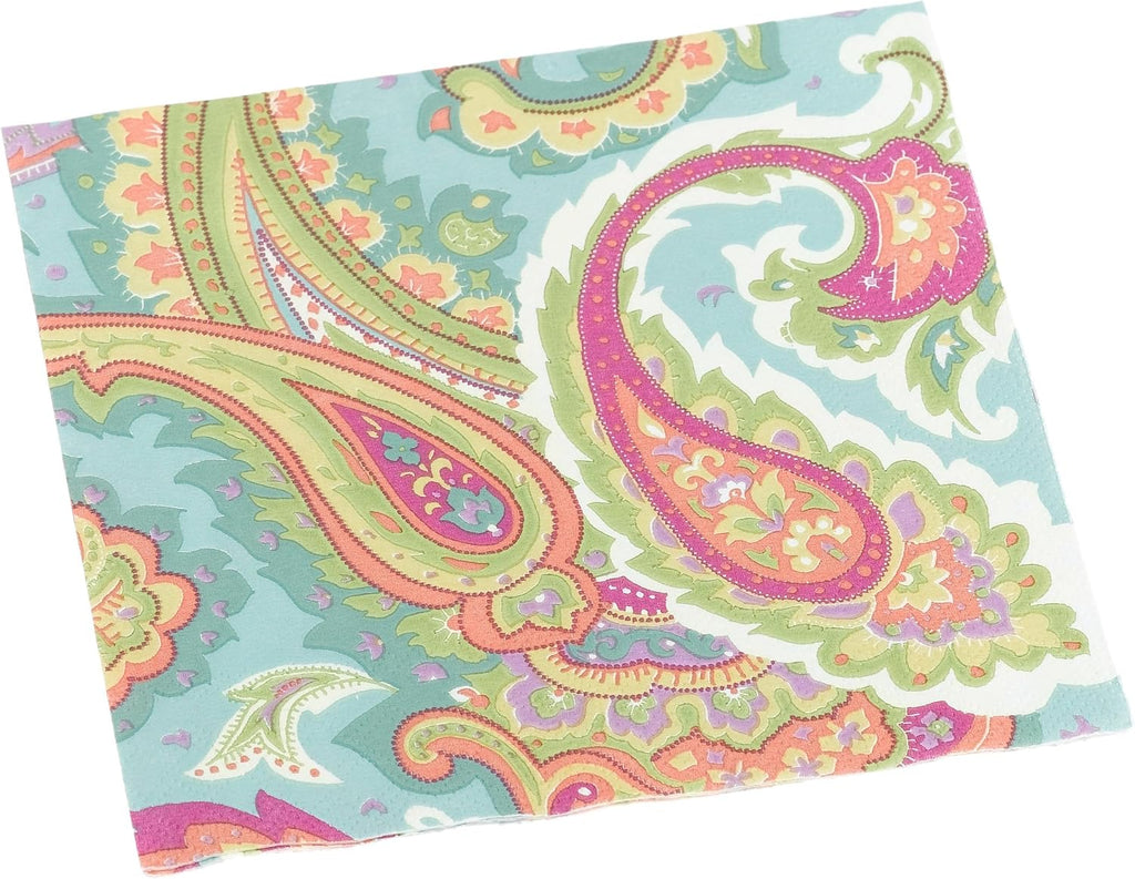 Entertaining with Caspari Paisley Set of 20 Paper Cocktail Napkin, Aqua and Green