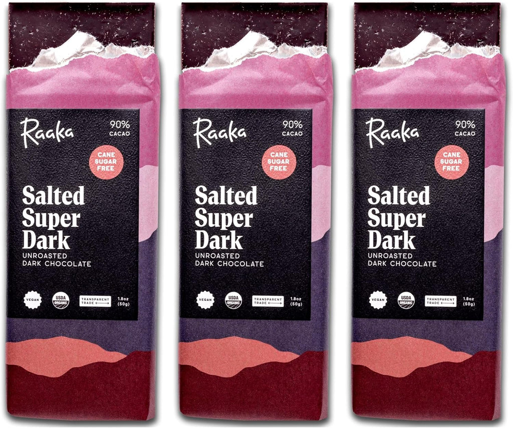 Raaka Salted Super Dark Chocolate Bars - 90% Cacao, Organic, Vegan, Kosher, Gluten Free, Cane Sugar Free - Lightly Sweetened with Coconut Sugar - 1.8oz Bars, 3-Pack
