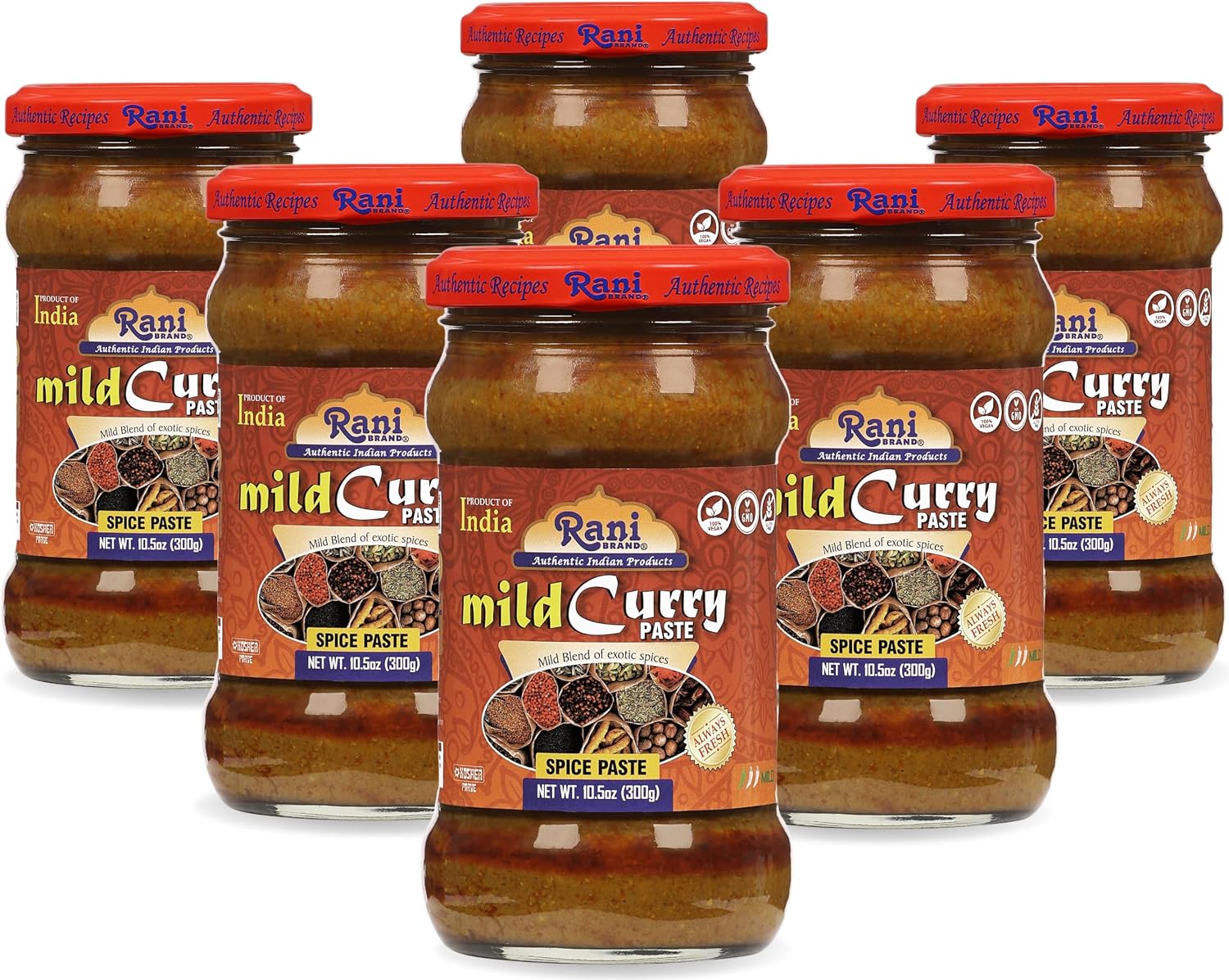Rani Curry Paste MILD (Spice Paste) 10.5oz (300g) Glass Jar, Pack of 5+1 FREE ~ No Colors | All Natural | NON-GMO | Kosher | Vegan | Gluten Free | Indian Origin