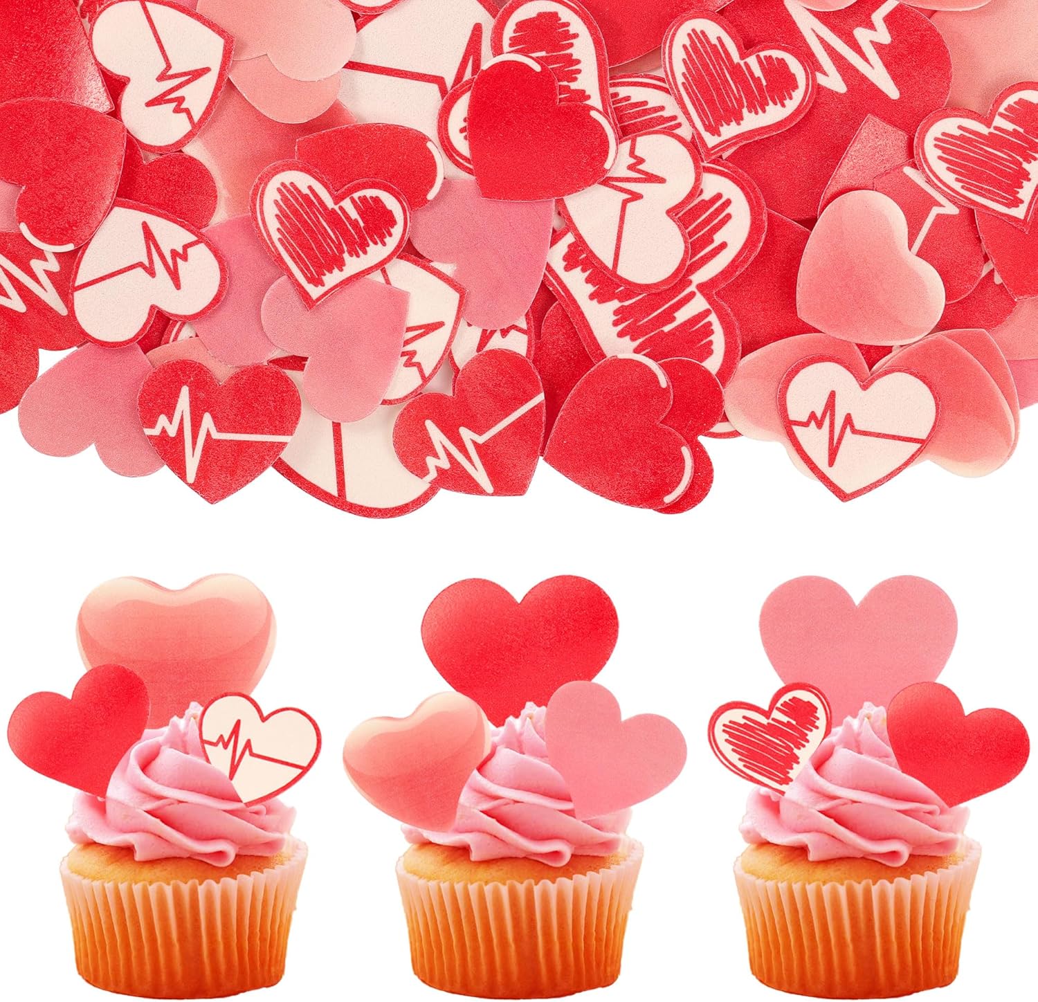 Ephlyn 80Pcs Edible Heart Toppers - Valentine's Day & Birthday Cupcake Decors