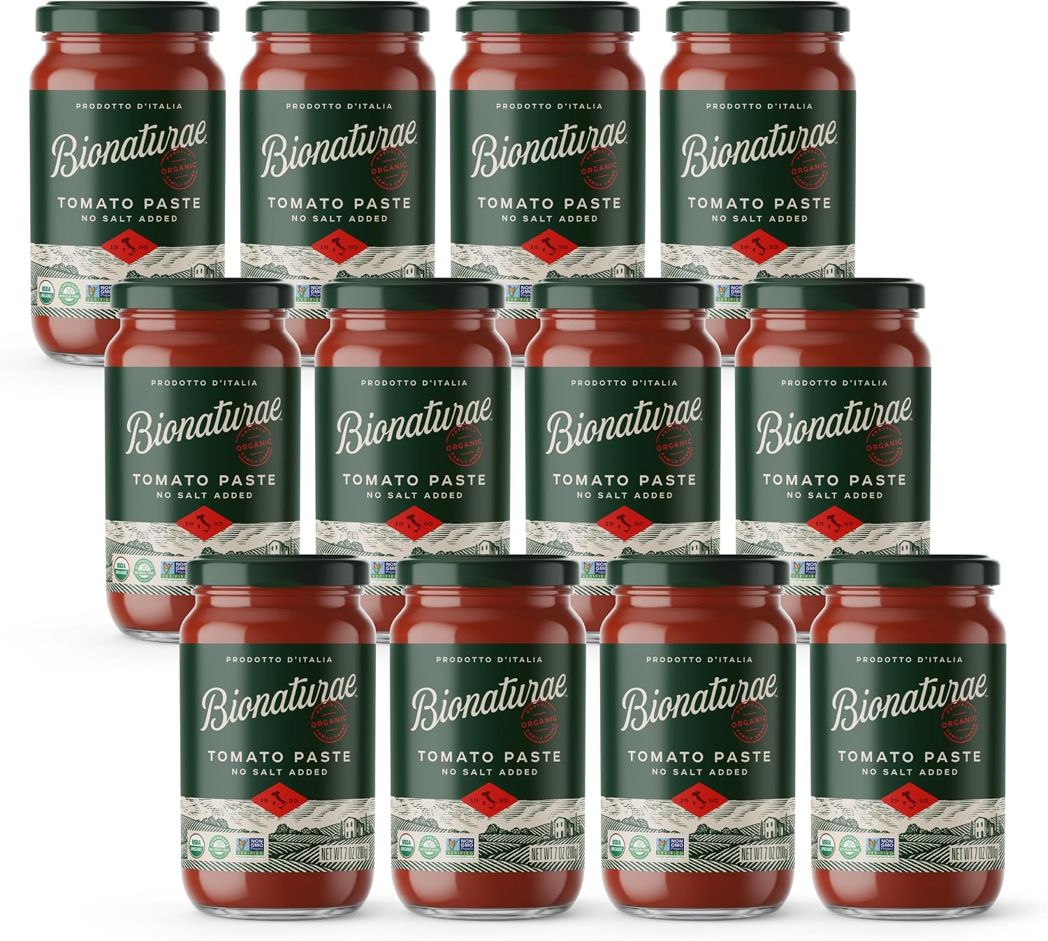 Bionaturae Organic Tomato Paste - No Salt Tomato Paste, Tomato Paste in a Jar, Keto Friendly, Non-GMO, USDA Certified Organic, No Added Sugar, No Added Salt, Made in Italy - 7 Oz, 12 Pack
