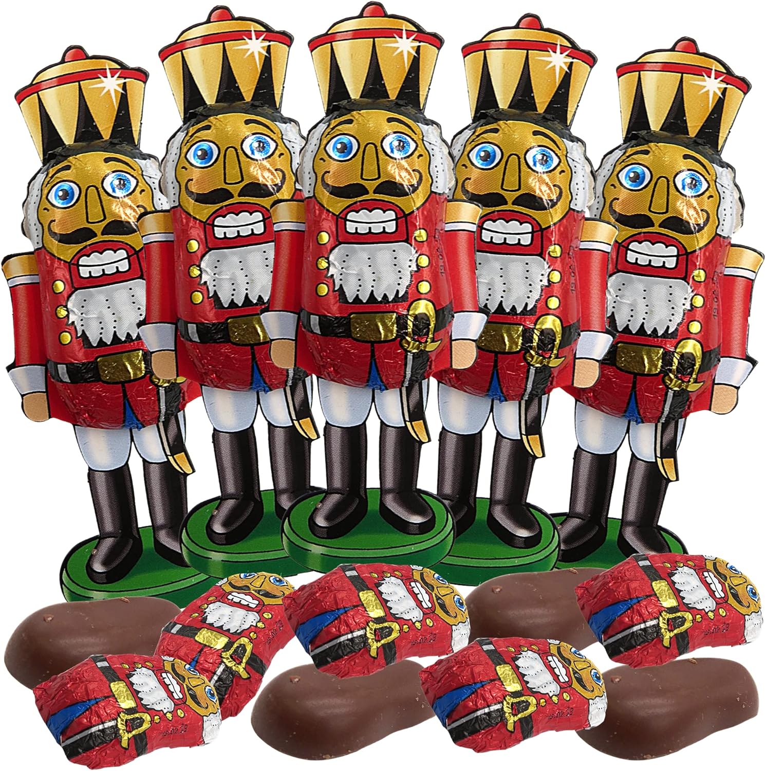 Needzo Foiled Individually Wrapped Nutcracker Figure Chocolates, Milk Chocolate Christmas Nutcrackers for Decorations and Stocking Stuffers, Bulk Festive Holiday Candies, Pack of 5