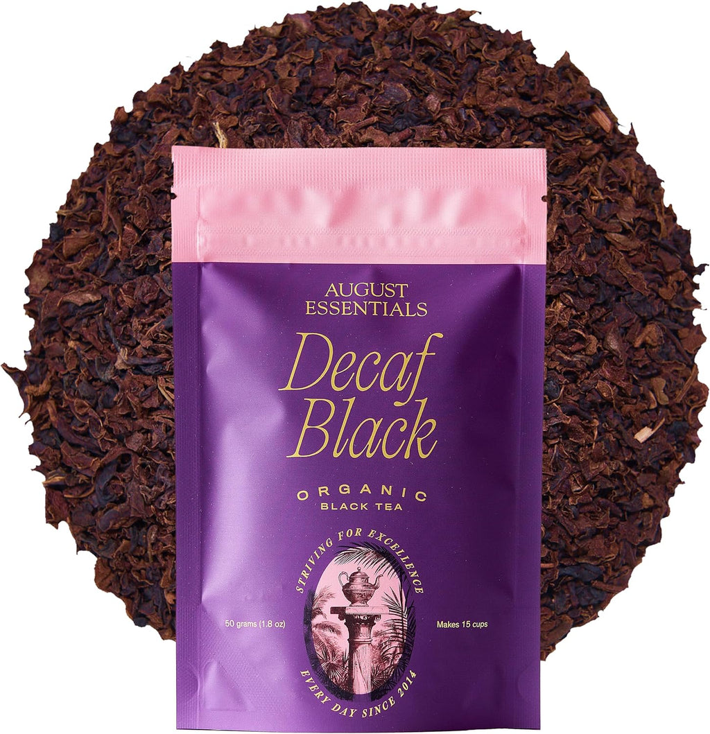 August Essentials Decaf Black Tea – Handcrafted Organic Black Tea for Daily Enjoyment – Bold Evening Drink with Full-Bodied Flavor & Nutty Pecan Notes in a Convenient Resealable Pouch (1.8oz)