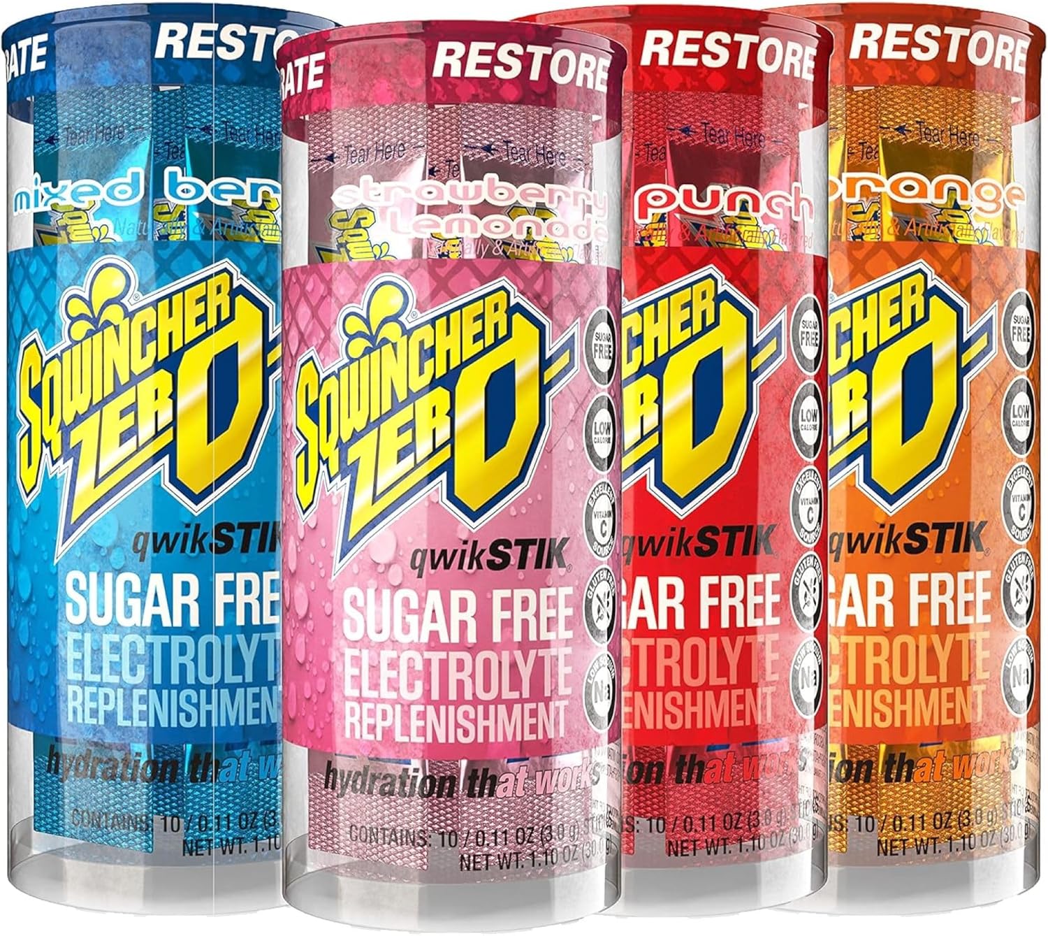 Sqwincher Zero Qwik Stik, 4 Flavor Variety Pack, Sugar Free, Low Calorie, Low Sodium Electrolyte Powder Hydration Drink Mix, .11 oz Packet (Pack of 200)