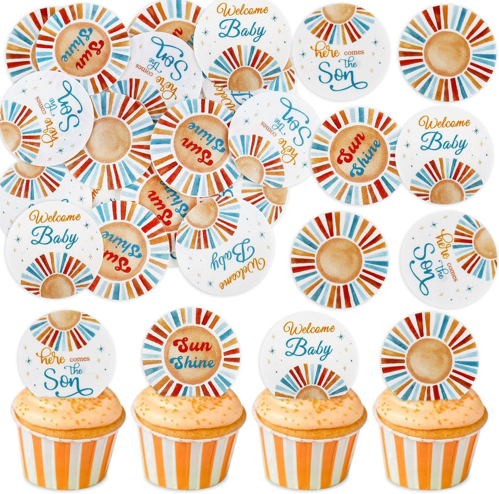 Ercadio 40 Pack Edible Sunshine Cupcake Drink Toppers Edible Blue Here Comes The Sun Sunny Baby Shower Cupcake Picks for Sunshine Theme Baby Boys Birthday Party Cake Decorations