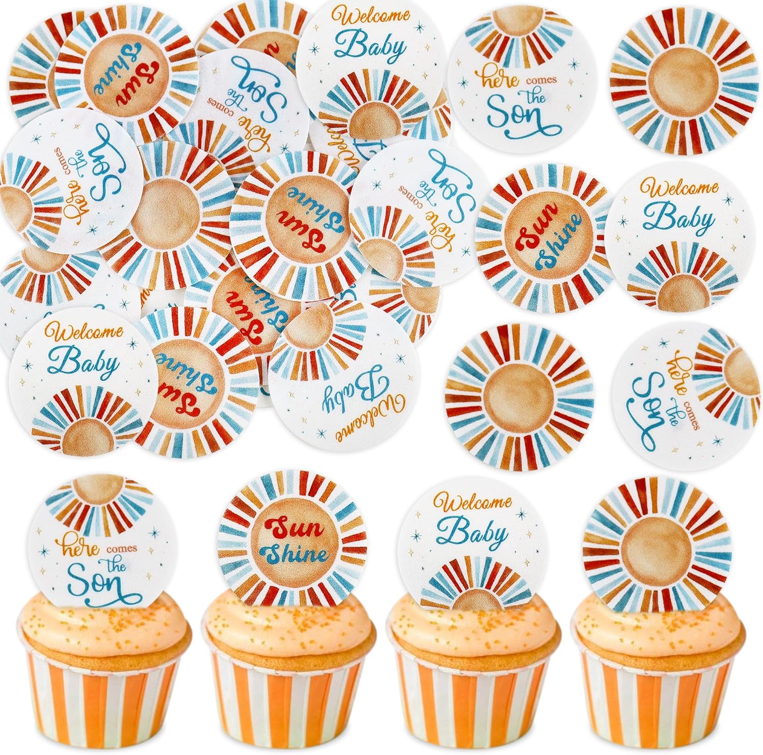 Ercadio 40 Pack Edible Sunshine Cupcake Drink Toppers Edible Blue Here Comes The Sun Sunny Baby Shower Cupcake Picks for Sunshine Theme Baby Boys Birthday Party Cake Decorations