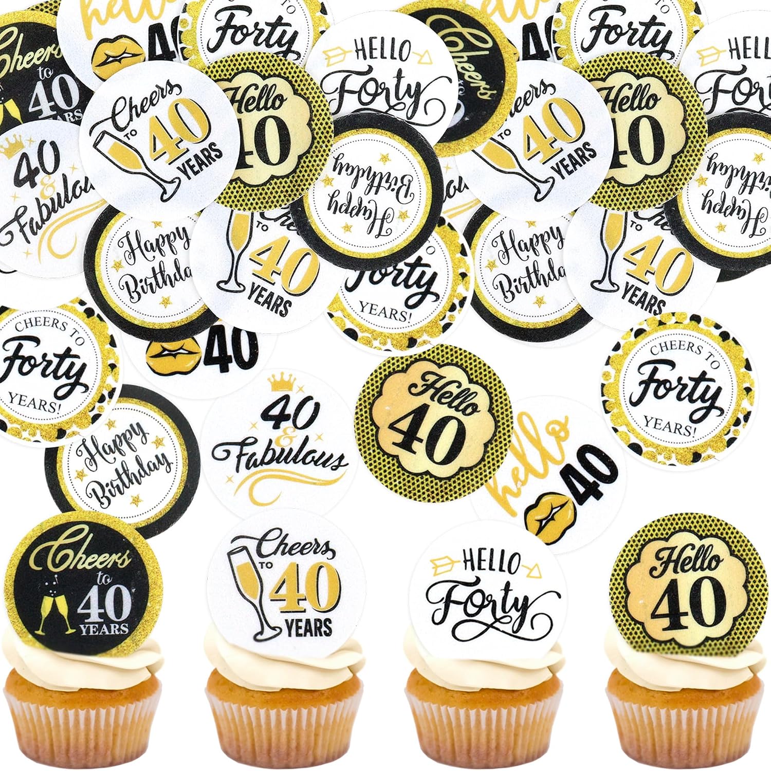 Ercadio 48PCS Edible Happy 40th Birthday Cupcake Toppers Hello 40 Cheers to 40 Fabulous Forty Cupcake Picks for 40th Birthday Anniversary Party Decorations Supplies