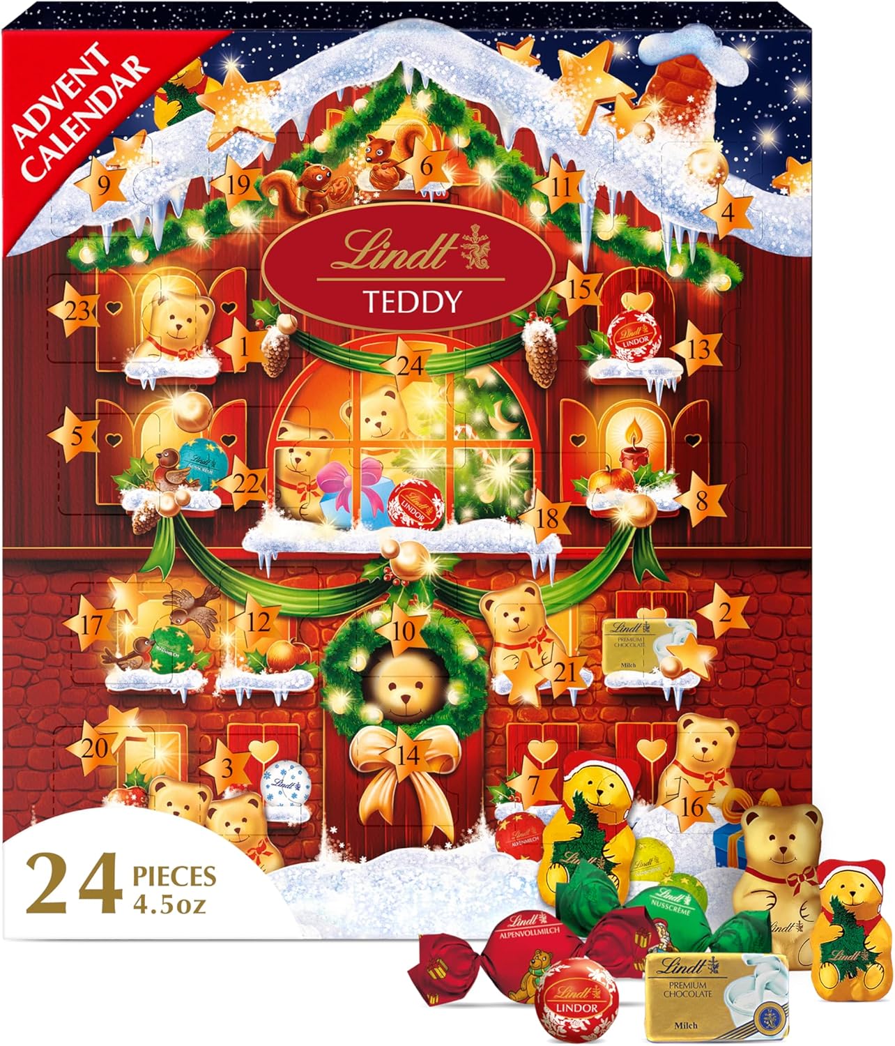 Lindt Holiday Teddy Bear Chocolate Candy Advent Calendar, 4.5 oz.