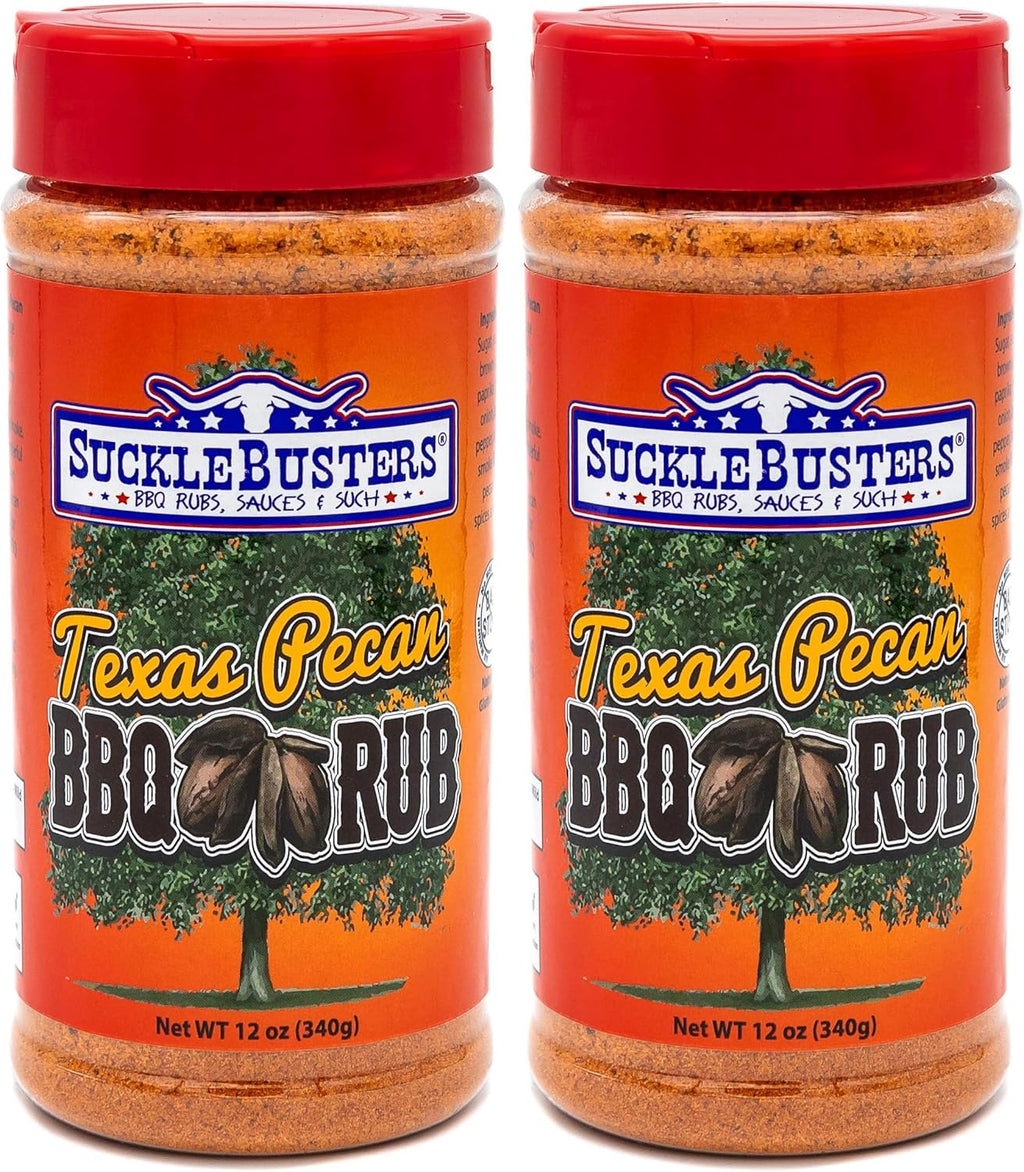 SuckleBusters Texas Pecan BBQ Rub: Super Sweet & Smoky Flavor, Bright Red Color, Authentic Texas BBQ Rub for Pork and Chicken, Gluten-Free, No MSG Shaker (12oz) (Pack of 2)