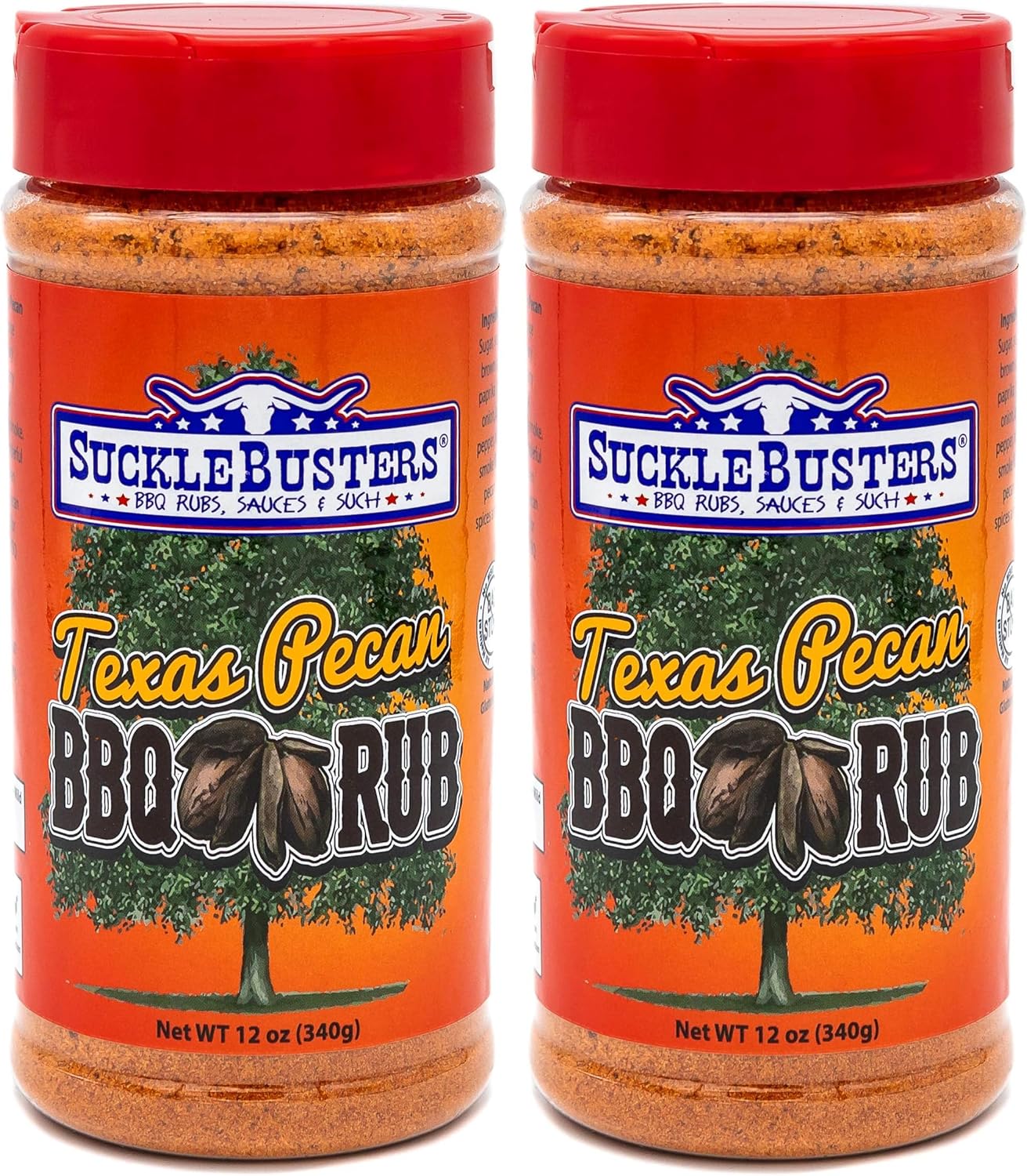 SuckleBusters Texas Pecan BBQ Rub: Super Sweet & Smoky Flavor, Bright Red Color, Authentic Texas BBQ Rub for Pork and Chicken, Gluten-Free, No MSG Shaker (12oz) (Pack of 2)