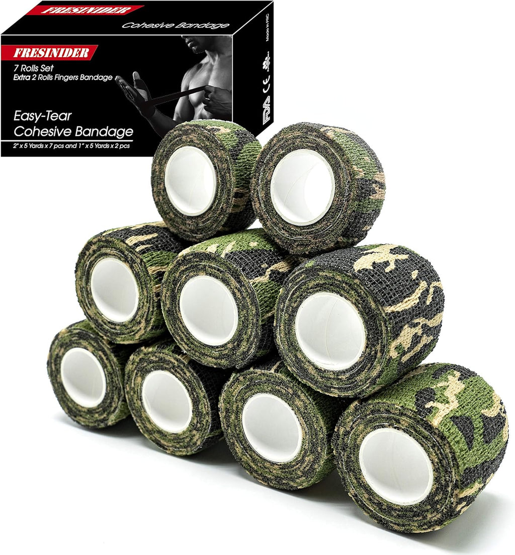 FRESINIDER 9 Rolls Self Adhesive Wrap Athletic Tape Gauze, Breathable Elastic Cohesive Bandage for Sports Injury & Pet (7 Pcs 2" x 5 Yards + 2 Pcs 1" X 5 Yards) (Woodland Camo)