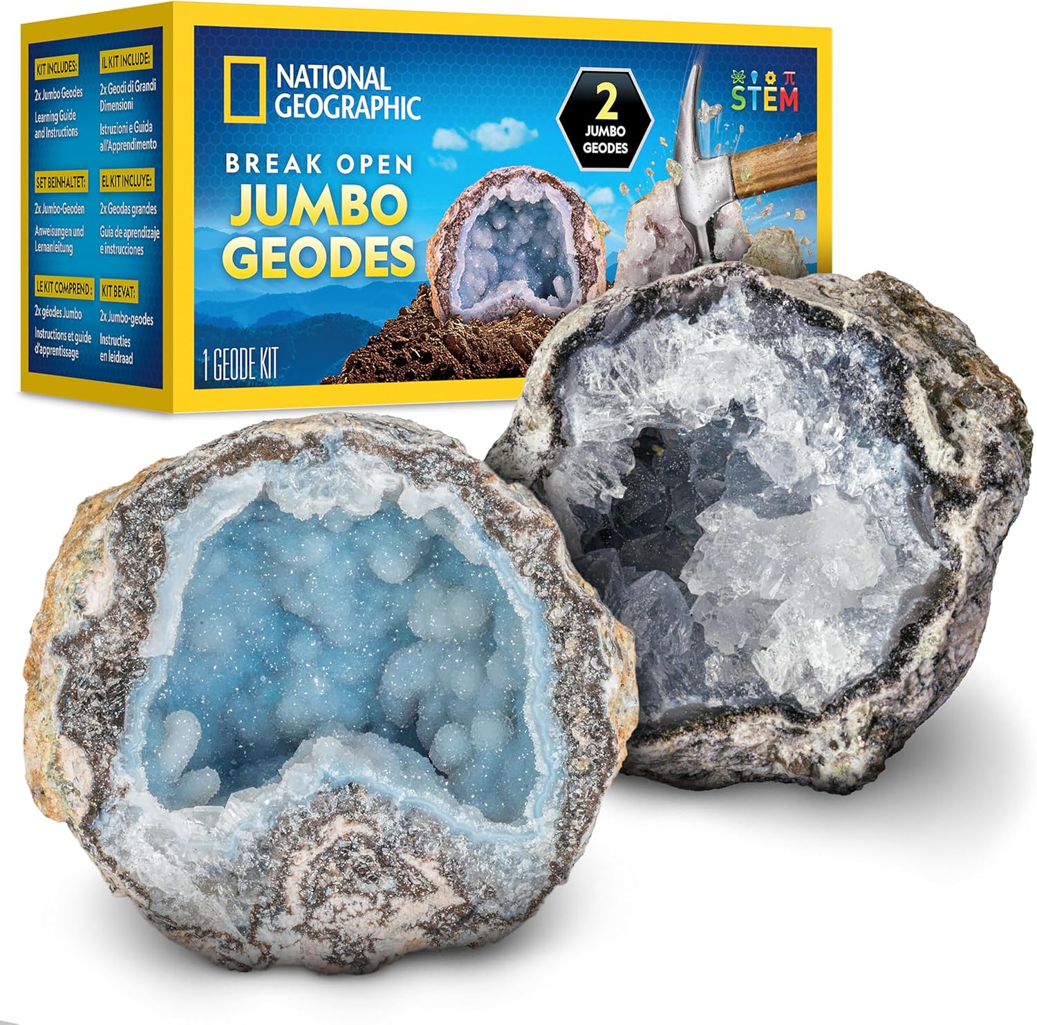 National Geographic Jumbo Geodes Kit – Break Open 2 Large Geodes with Crystals Inside, Earth Science Kit for Kids, Geology Gift for Boys and Girls, STEM Rock and Mineral Toy