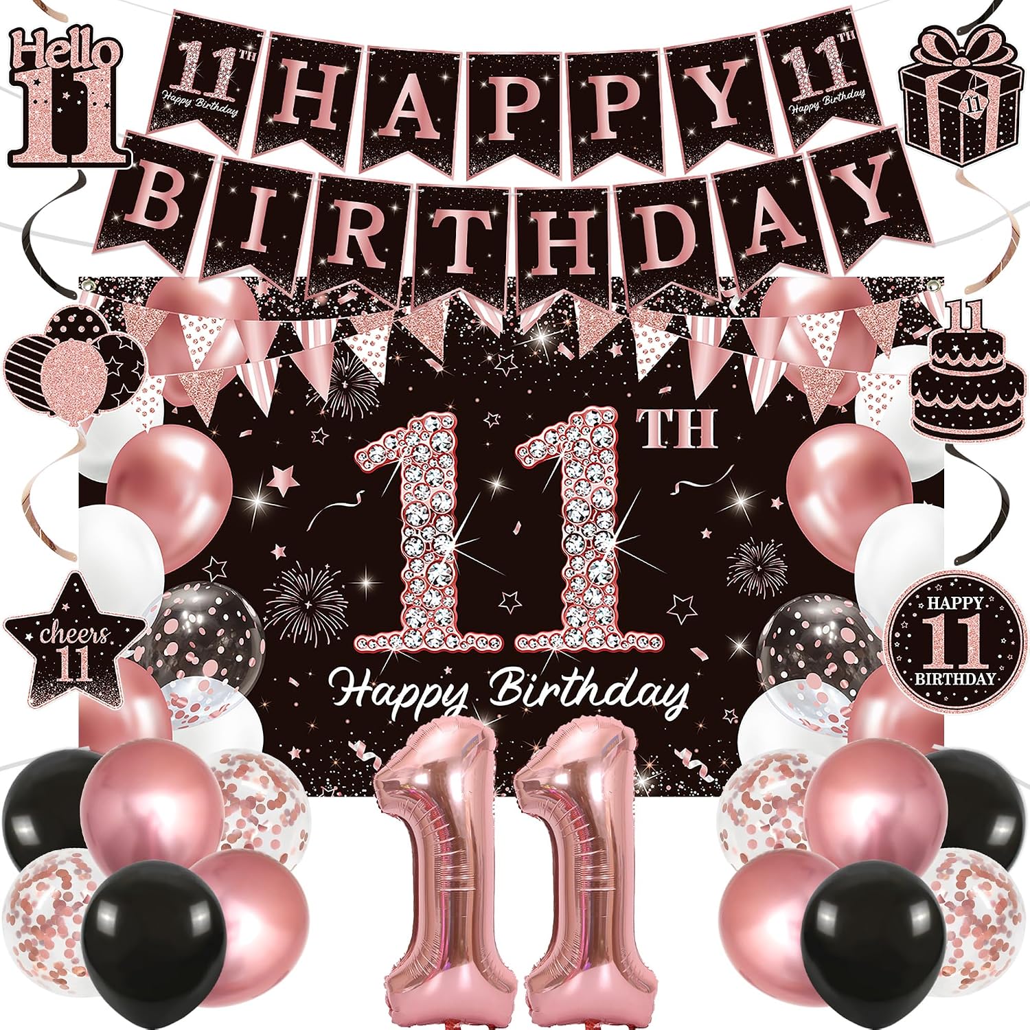 Vlipoeasn Rose Gold 11th Birthday Decorations for Girls, 27PCS Happy 11th Birthday Party Kit with Backdrop Banner, Number 11 Balloon, 11 Year Old Party Supplies