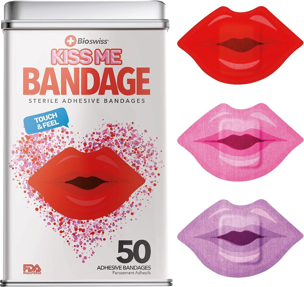 BioSwiss Bandages, Lips Shaped Self Adhesive Bandage Set, Latex Free, Sterile Wound Care, 50 Count