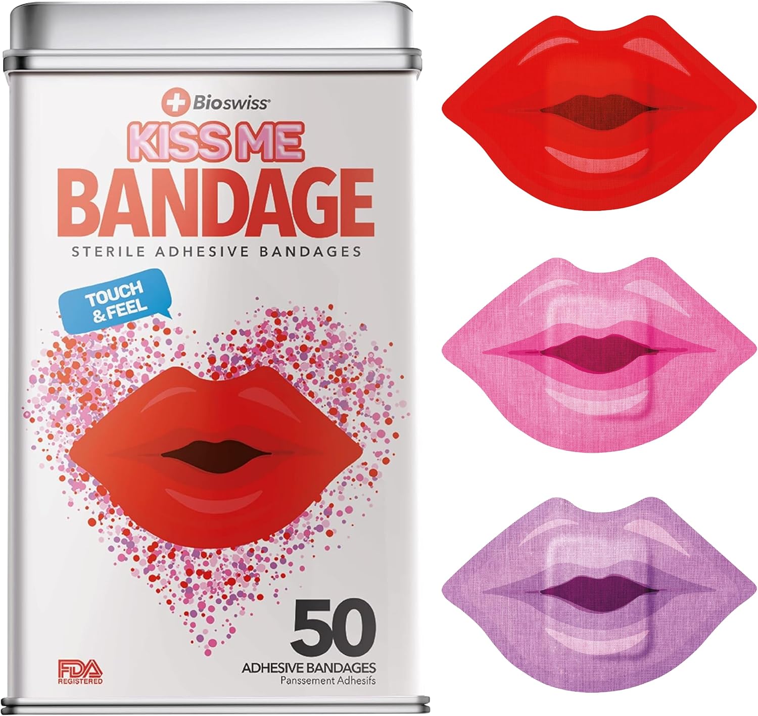 BioSwiss Bandages, Lips Shaped Self Adhesive Bandage Set, Latex Free, Sterile Wound Care, 50 Count