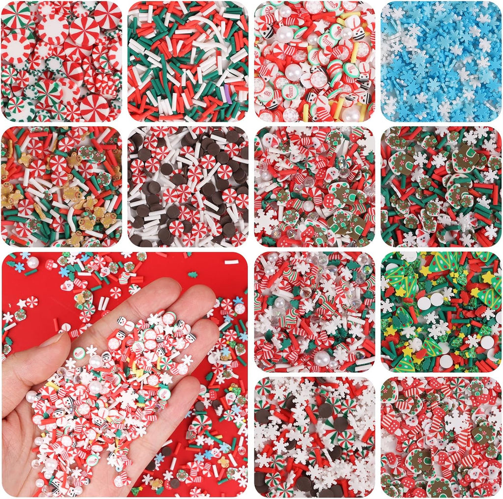 DIYASY 180g Fake Christmas Sprinkles, 6.35 oz Mini Faux Sprinkle Xmas Polymer Clay Slices Non-Edible for Crafts Art DIY Cake Decoration Plastic Slime Card Filler Nail Supply 12 Styles