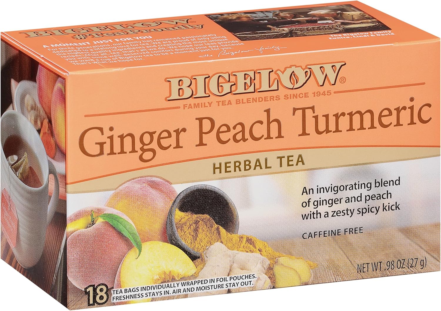 Bigelow Tea Ginger Peach Turmeric Herbal Tea, Caffeine Free Tea with Ginger and Peach, 18 Count Box (Pack of 6), 108 Total Tea Bags