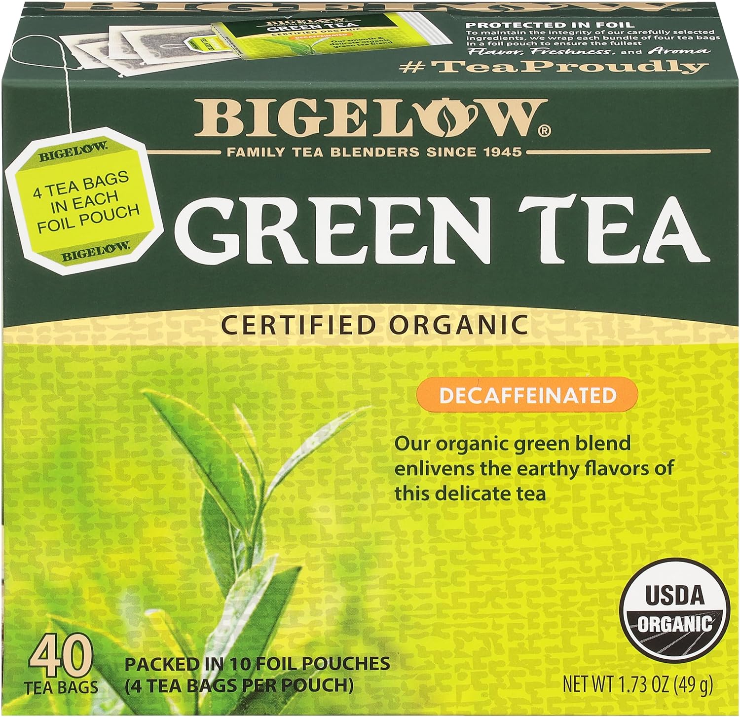 Bigelow Tea Organic Decaffeinated Green Tea, Decaf Organic Green Tea Bags, 40 Count Box (Pack of 6), 240 Total Tea Bags