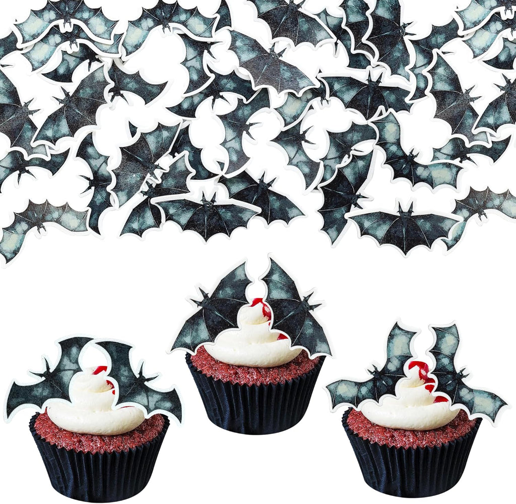 Gyufise 60Pcs Edible Bat Cupcake Toppers - Wafer Paper Halloween Picks for Baby Shower, Kids Theme Birthday Party Cake Decorations Supplies - Black
