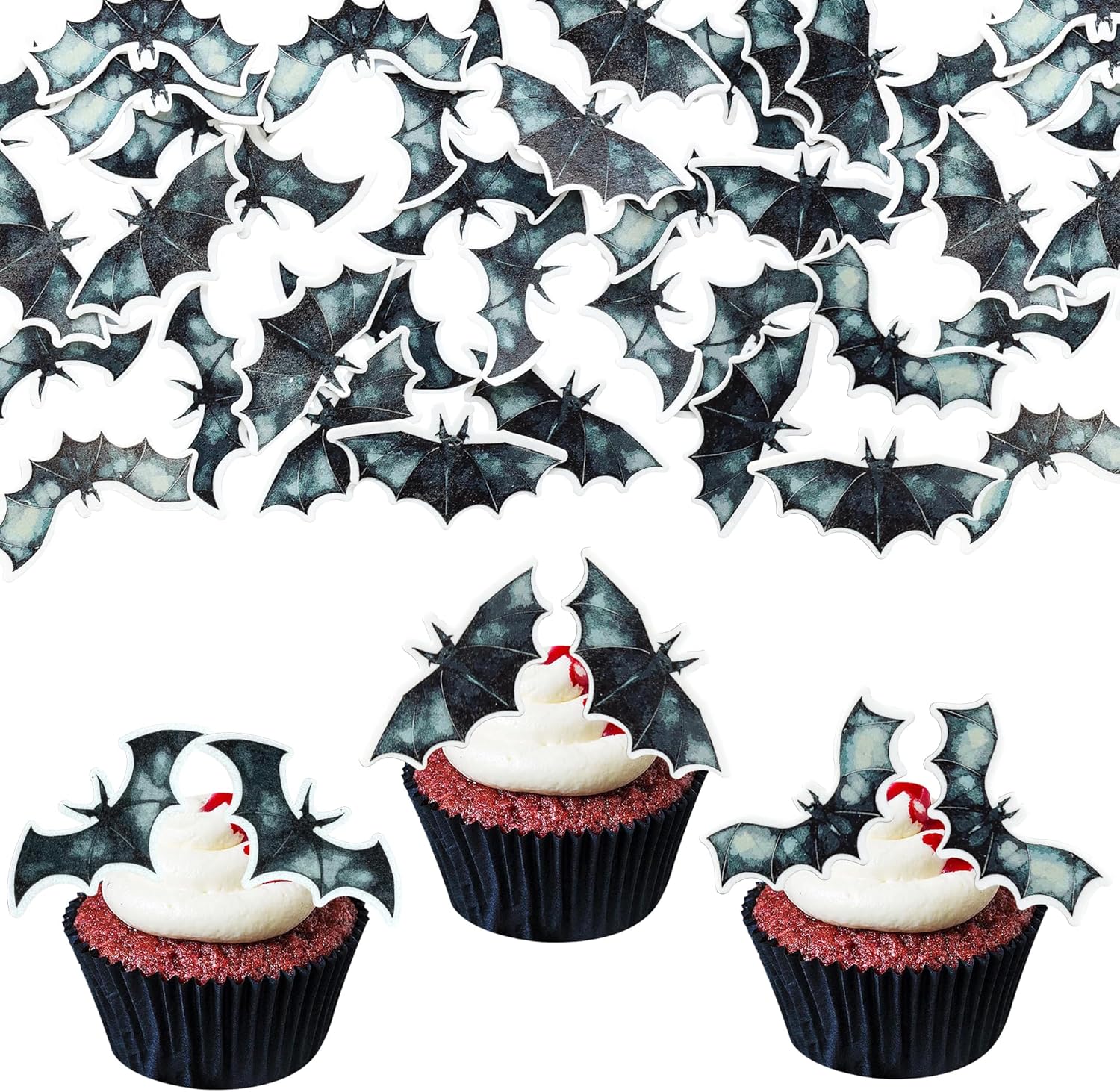 Gyufise 60Pcs Edible Bat Cupcake Toppers - Wafer Paper Halloween Picks for Baby Shower, Kids Theme Birthday Party Cake Decorations Supplies - Black