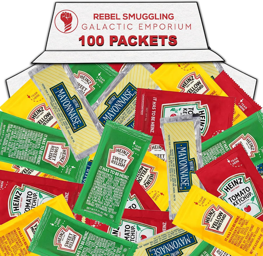 Condiment Packets Variety 100 Pack- 25 Ketchup, 25 Mayonnaise, 25 Mustard, and 25 Relish Gift Basket Care Package by Rebel Smuggling Galactic Emporium