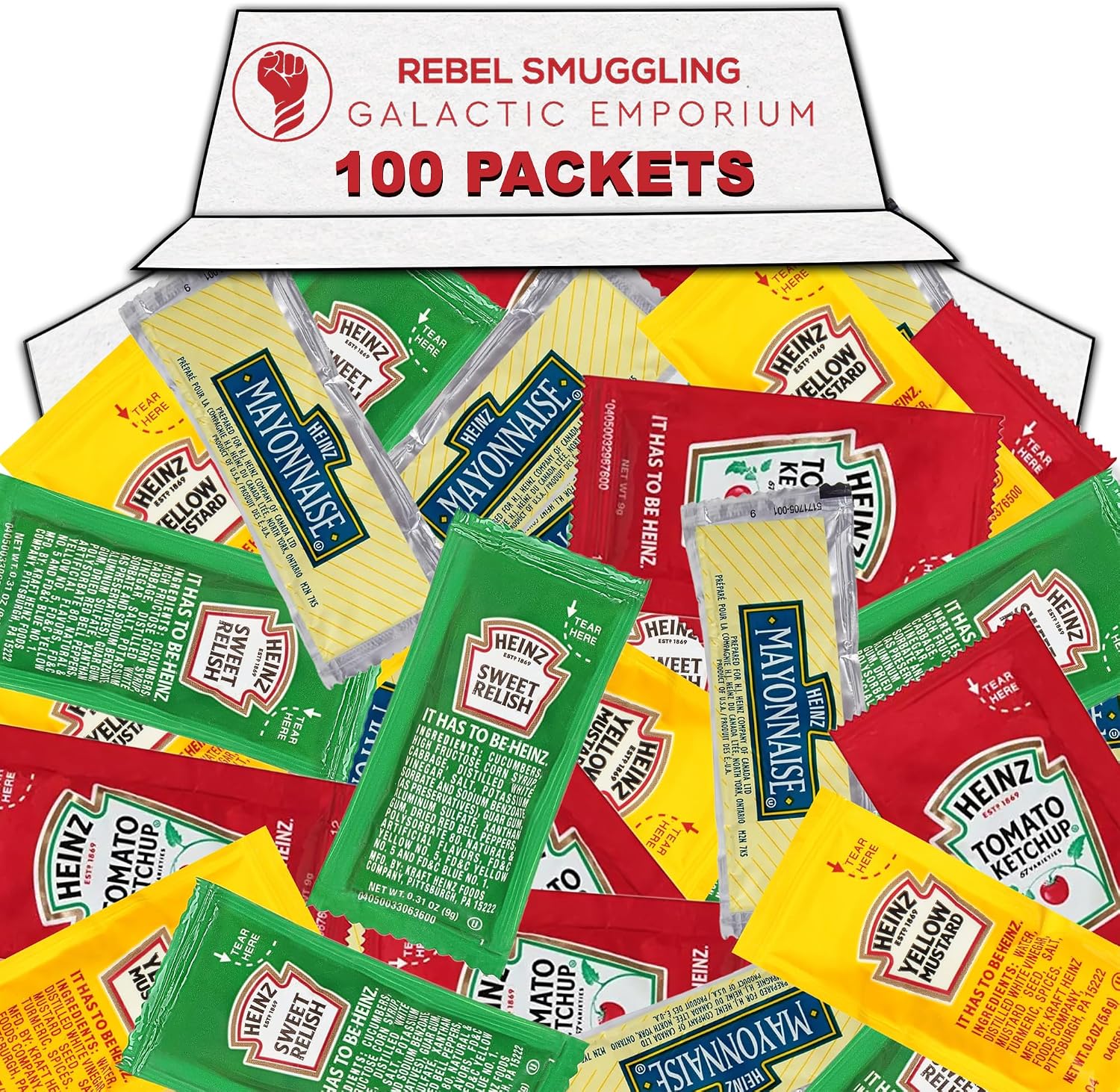 Condiment Packets Variety 100 Pack- 25 Ketchup, 25 Mayonnaise, 25 Mustard, and 25 Relish Gift Basket Care Package by Rebel Smuggling Galactic Emporium