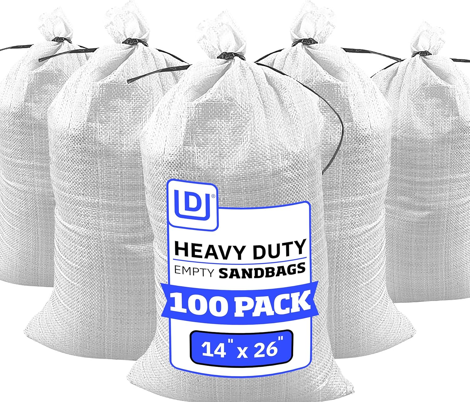 DURASACK Heavy Duty Sand Bags with Tie Strings Empty Woven Polypropylene Sand-Bags for Flood Control with 1600 Hours of UV Protection, 50 lbs Capacity, 14x26 inches, White, Pack of 100