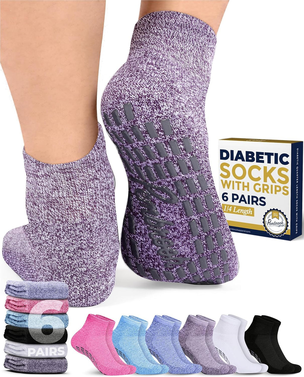 Pembrook 6 Pairs Diabetic Ankle Socks for Men & Women with Grips - 12 Colors Neuropathy Socks for Men | Non Slip | Edema
