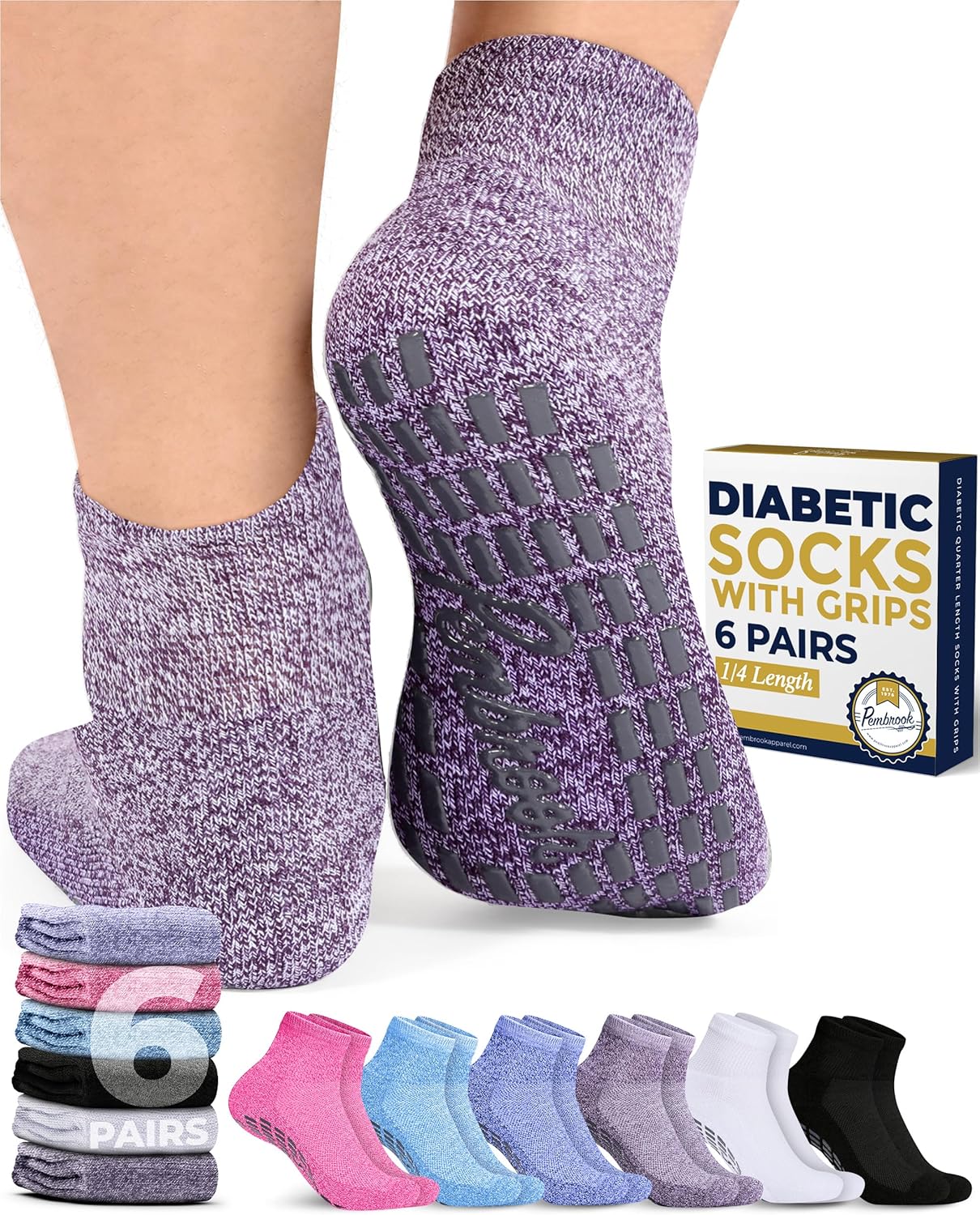 Pembrook 6 Pairs Diabetic Ankle Socks for Men & Women with Grips - 12 Colors Neuropathy Socks for Men | Non Slip | Edema
