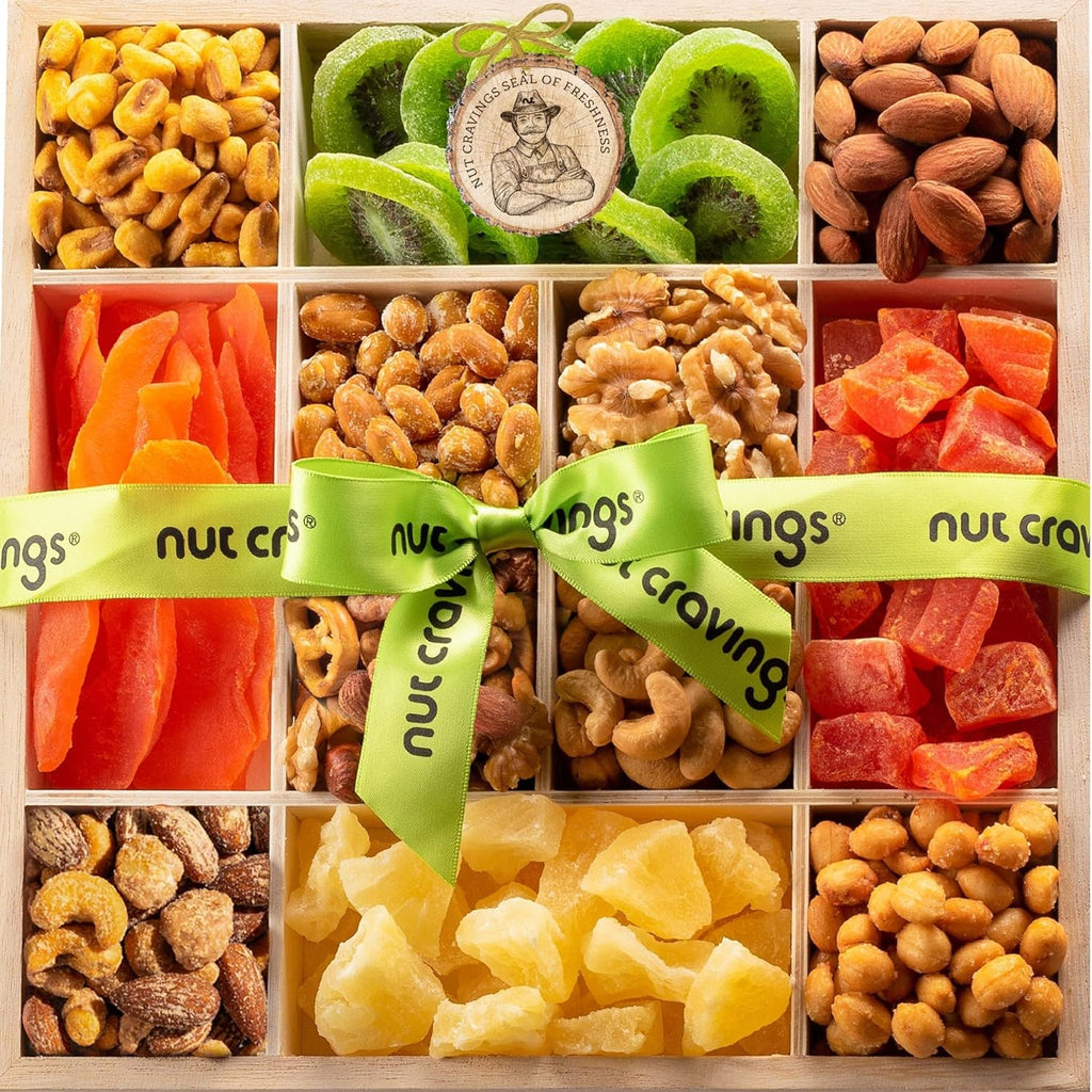 NUT CRAVINGS - Mothers Day Treats, Dried Fruit & Mixed Nuts Gift Basket in Reusable Wooden Tray + Ribbon (12 Assortments) Food Arrangement, Healthy Snack Care Package, Kosher