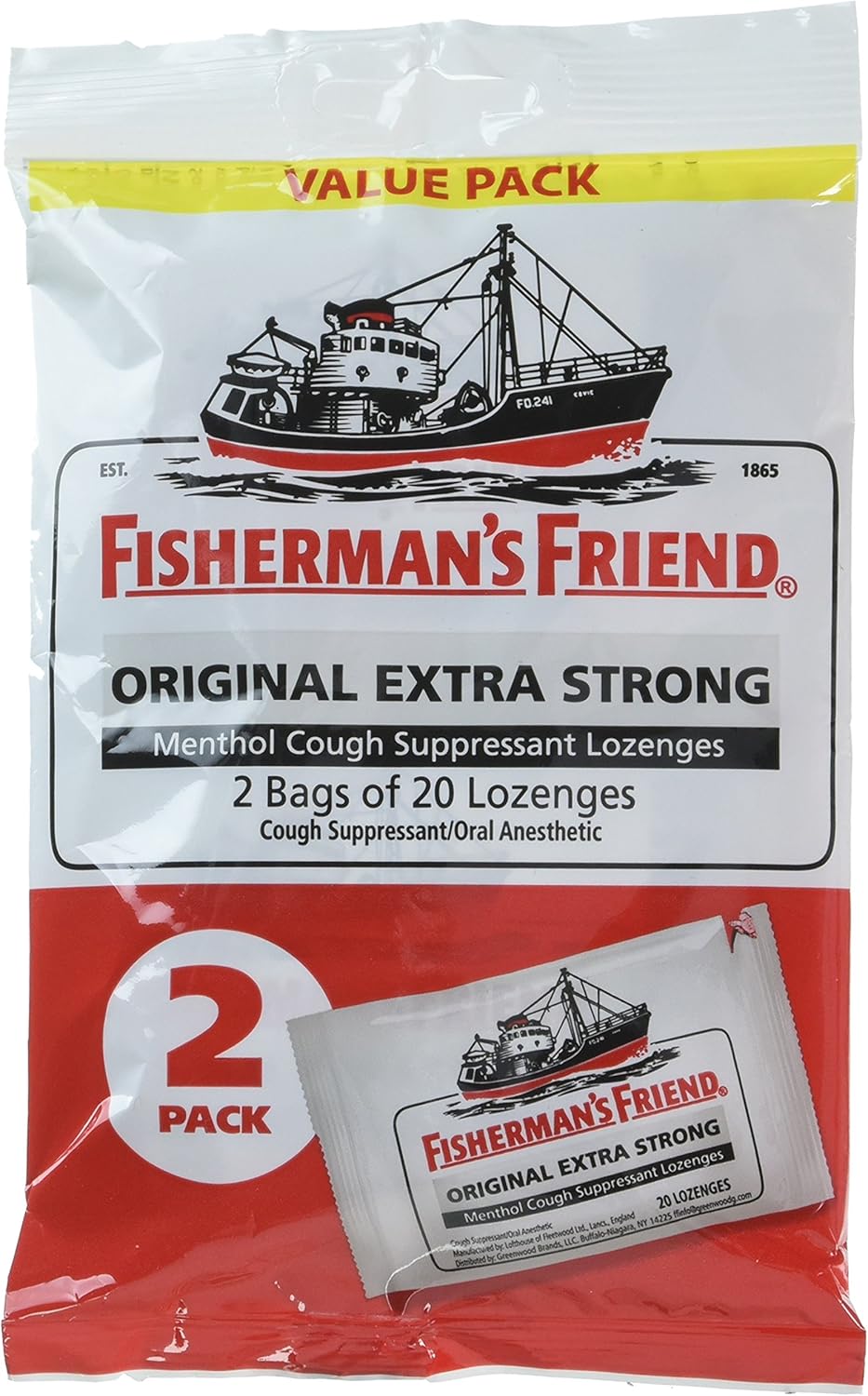 Fisherman's Friend Original Extra Strong Cough Suppressant Lozenges, 20 Count (Pack of 2)