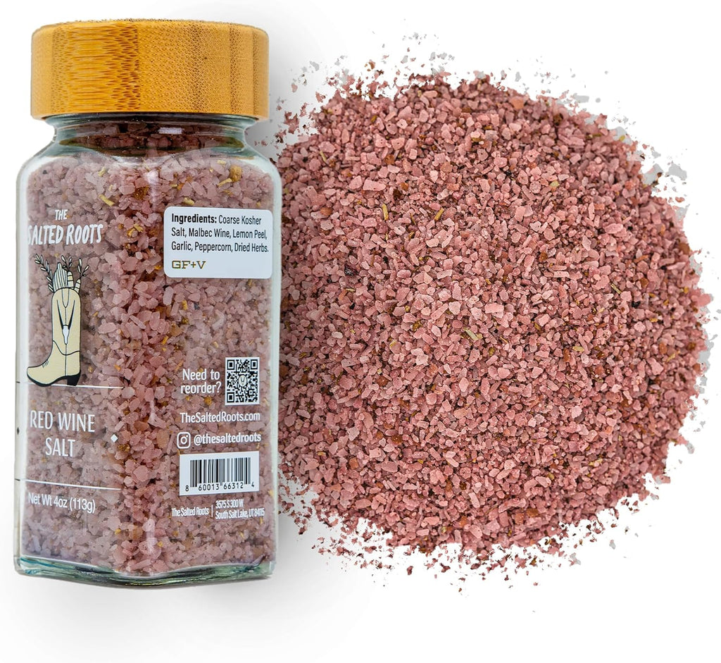 The Salted Roots - Red Wine Salt - Bold & Smoky Seasoning - Infused with Red Wine, Peppercorn, Garlic & Lemon - Perfect for Grilled Meats & Gourmet Dishes - 4oz