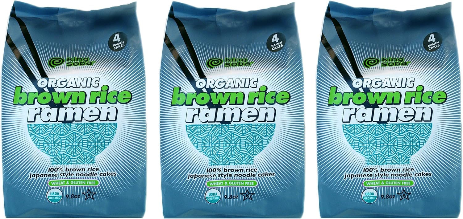 King Soba 3-PACK Gluten Free, Organic Brown Rice Ramen Noodles 9.8oz - 4 noodle cakes in each package
