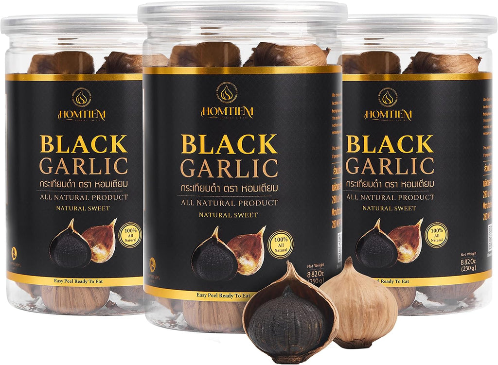 Homtiem Black Garlic 8.82 Oz (250g.), 3 Pack, Whole Black Garlic Fermented for 90 Days, Super Foods, Non-GMOs, Non-Additives, High in Antioxidants, Ready to Eat for Snack Healthy, Healthy Recipes