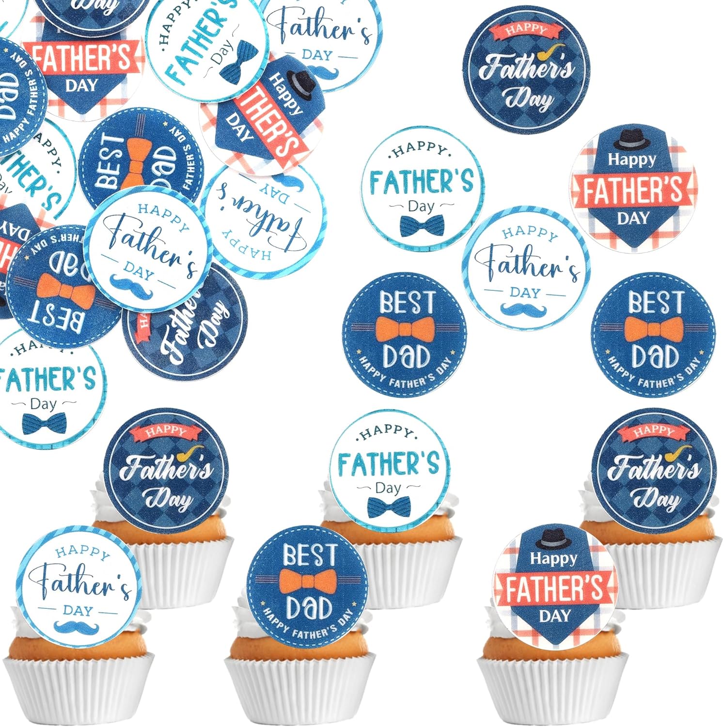 60 Pack Edible Happy Father's Day Cupcake Toppers Love Father Cake Toppers Rice Paper Wafer Paper Cupcake Picks for Best Dad #1 Dad Baby Shower Kids Birthday Cupcake Decorations Style 1