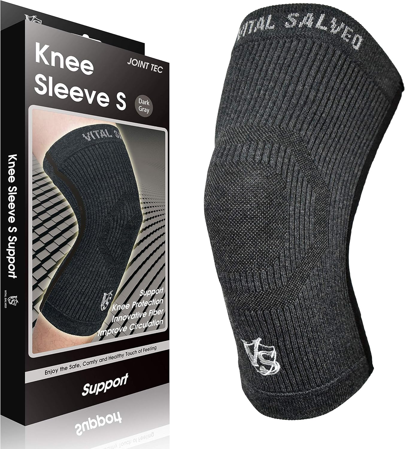 Vital Salveo Knee Compression Sleeve Swelling Recovery Knee Brace S-Support Pain Relief for Men and Women Unisex for Running Basketball Gym Workout Sports Dark Grey (1PC) S