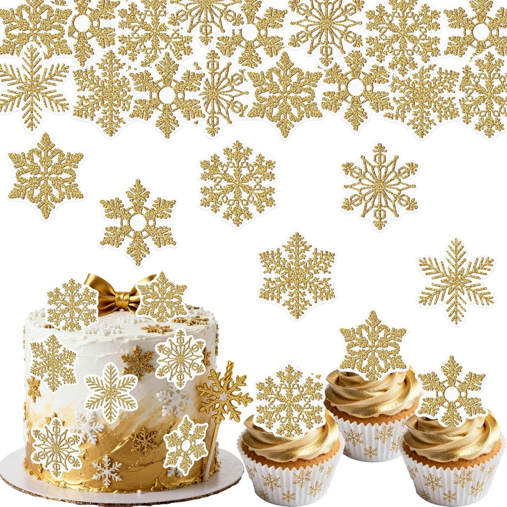40PCS Edible Snowflake Cupcake Toppers Wafer Paper Snowflake Cupcake Toppers Edible Winter Snows Picks for Frozen Theme Party Decoration Supplies (Glitter Gold)