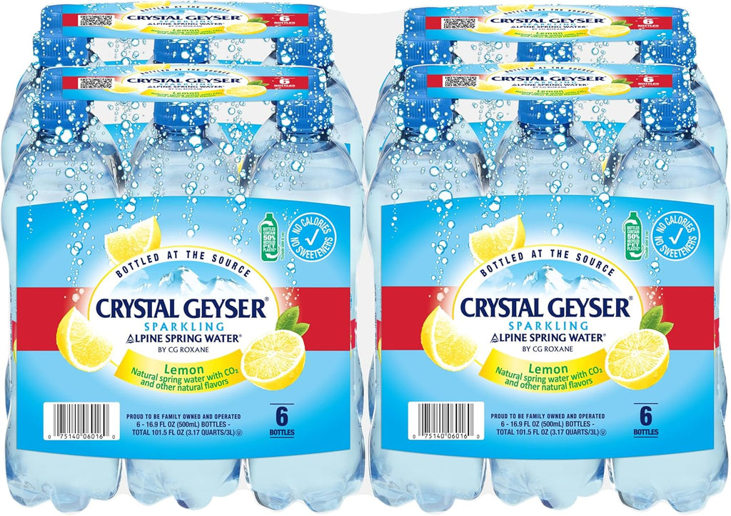Crystal Geyser Sparkling Lemon Alpine Natural Spring Water, 24-Pack, 16.9oz Bottles, Zero Calories and No Sweeteners, Naturally Flavored, Bottled at The Source