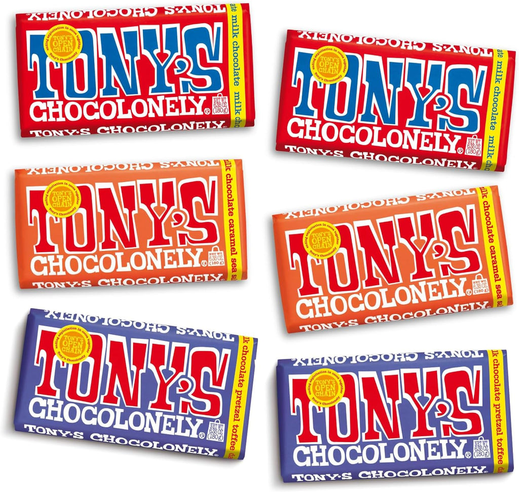 Tony's Chocolonely - Top 3 Milk Chocolate Bundle - Belgium Chocolate Bar, No Artificial Flavoring, Made From Fairtrade & B Corp Certified - 6.35 Oz, 6 Bars