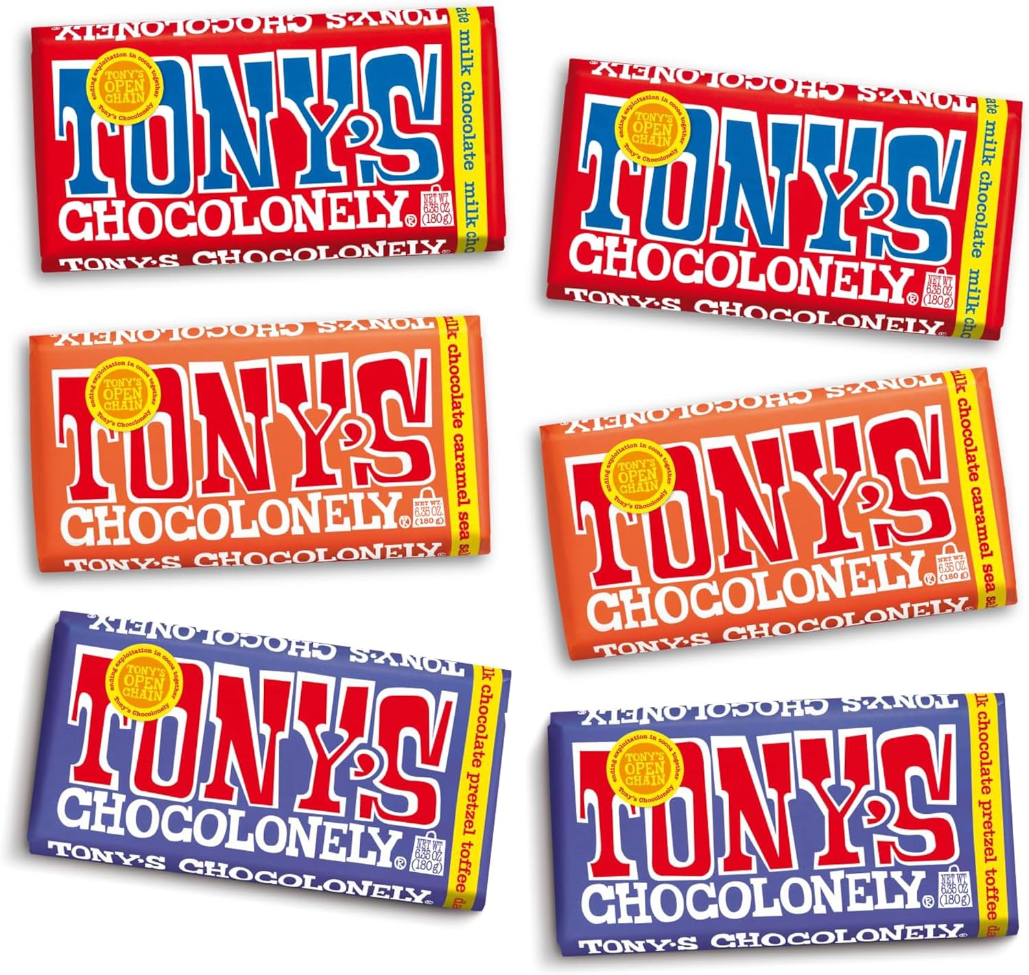 Tony's Chocolonely - Top 3 Milk Chocolate Bundle - Belgium Chocolate Bar, No Artificial Flavoring, Made From Fairtrade & B Corp Certified - 6.35 Oz, 6 Bars