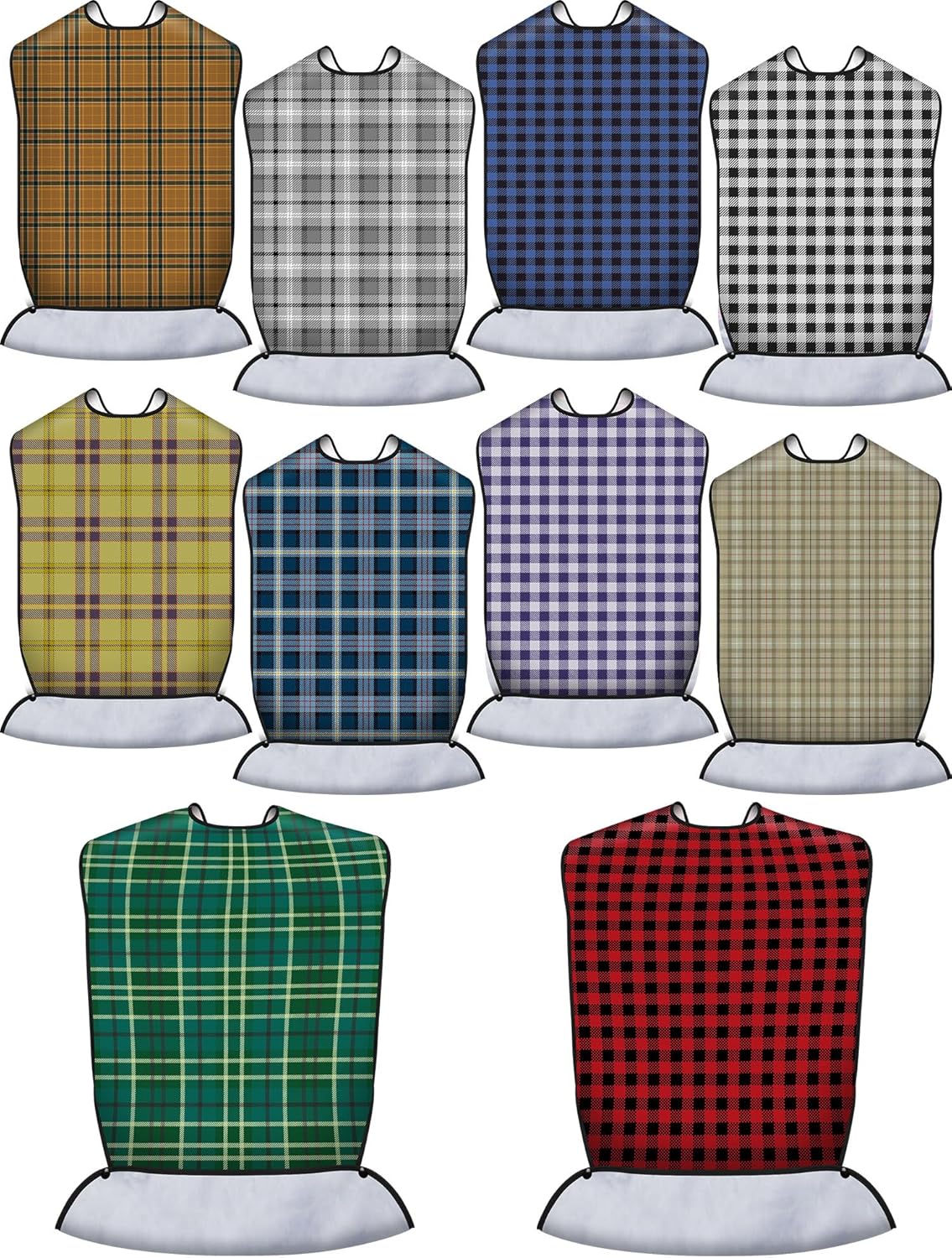 Janmercy 10 Pcs Adult Bib for Eating Washable Waterproof Clothing Protector with Crumb Catcher Reusable Adjustable Large Bibs for Men Elderly Women Senior, 35 x 18 Inch Assorted Plaid Patterns Multi